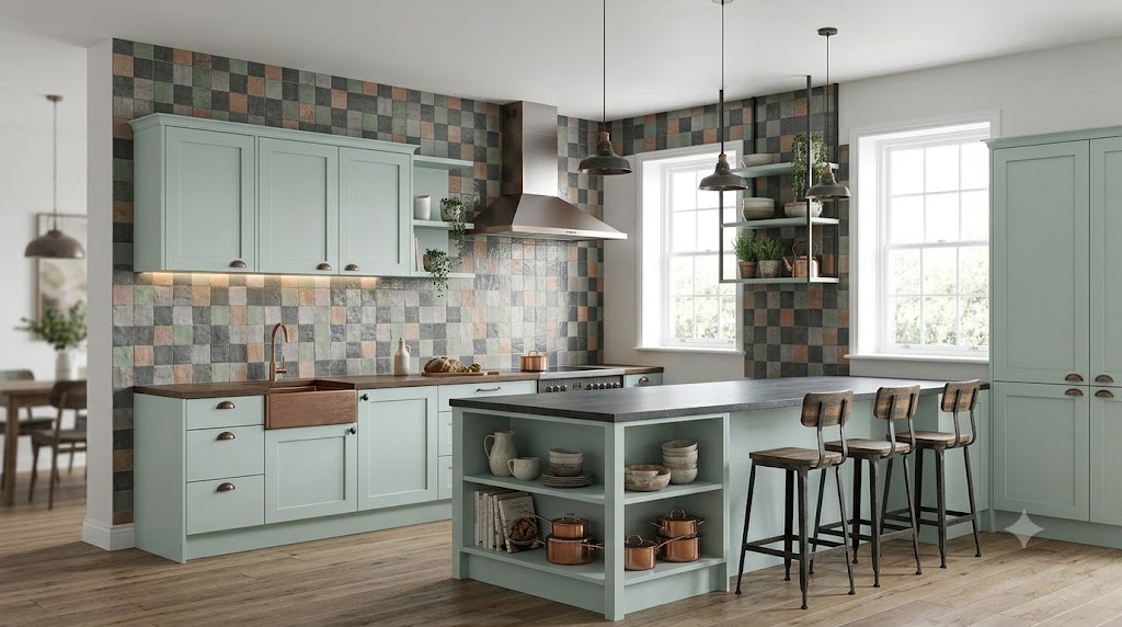 Full-height green zellige tile backsplash in a contemporary kitchen