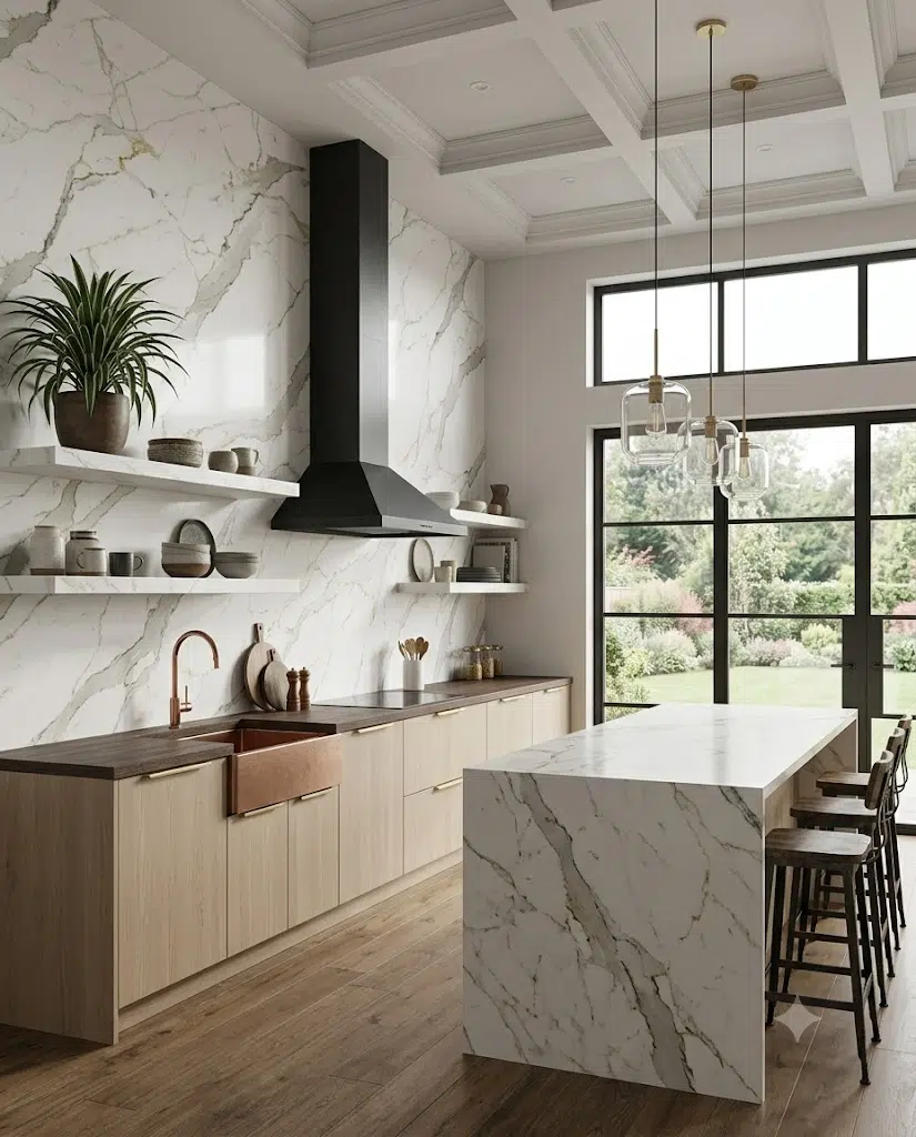 Full-height marble-look kitchen backsplash extending to the ceiling