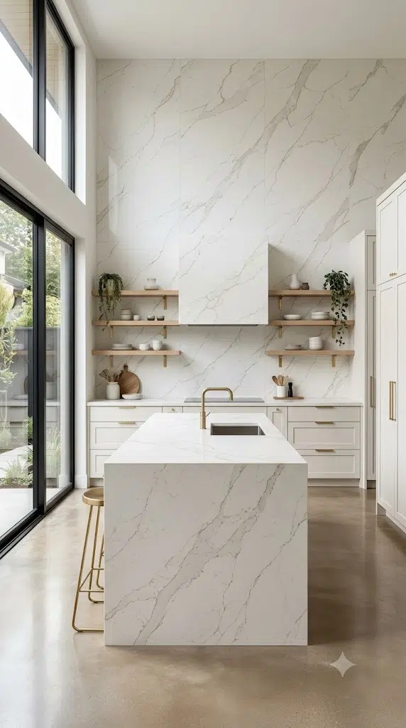 Full-height white marble-look kitchen backsplash extending to the ceiling