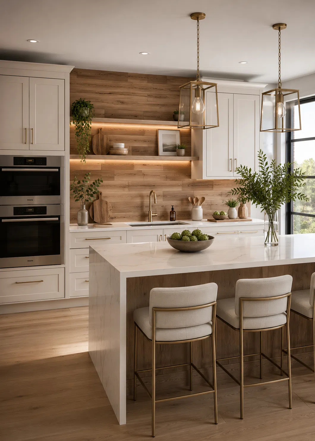 Full-height wood kitchen backsplash with floating shelves