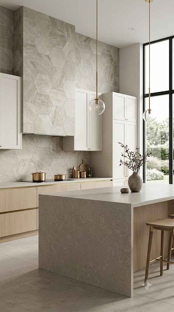 Large hexagonal tile backsplash in a modern kitchen