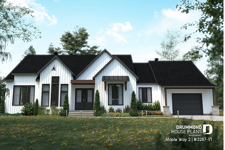 Front elevation of the Maple Way (#3287-V1), a 1,953-square-foot modern farmhouse house plan featuring board-and-batten siding, multiple gabled rooflines and timeless curb appeal.