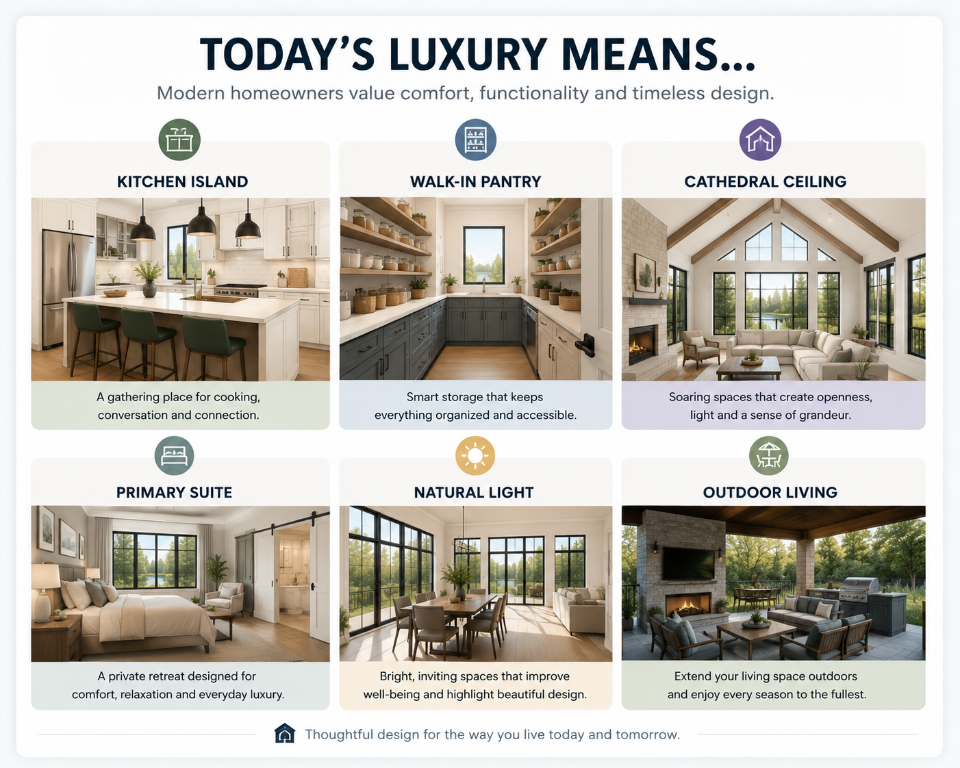 Infographic highlighting six luxury features found in today's modern farmhouse house plans, including a kitchen island, walk-in pantry, cathedral ceiling, primary suite, natural light and outdoor living.