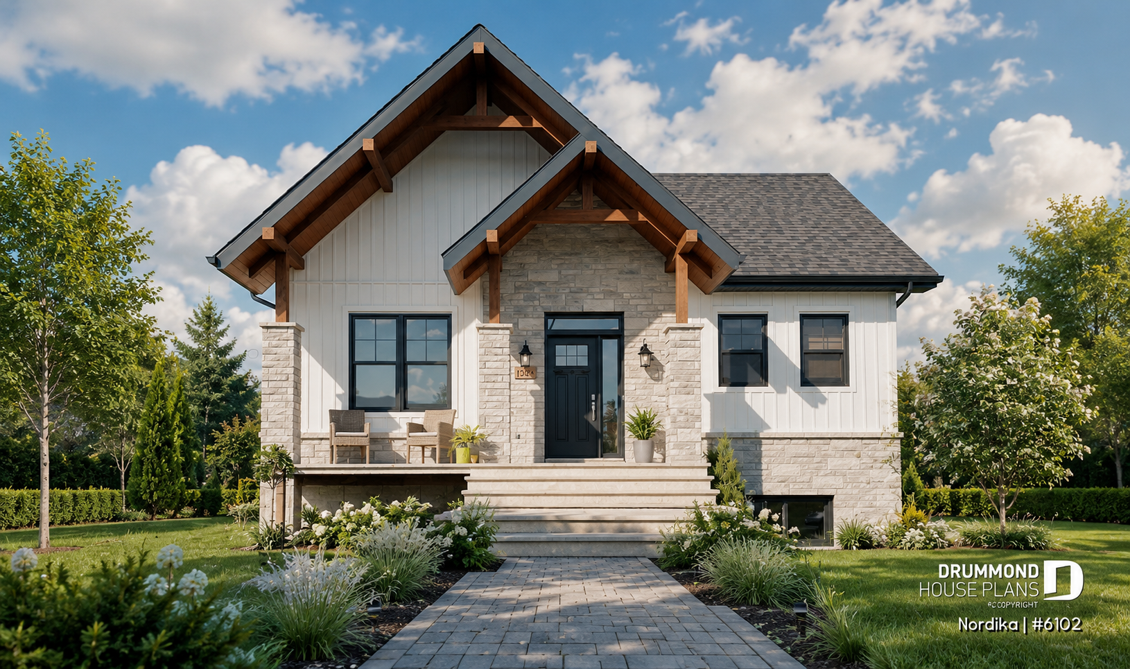 Front elevation of the Nordika (#6102), a compact one-story modern farmhouse house plan featuring a covered front porch, cathedral rooflines and professionally landscaped front yard.