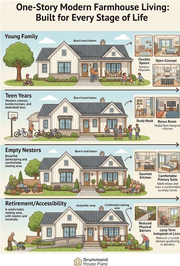 One-story modern farmhouse house plan illustrating how the same home adapts to young families, teens, empty nesters and retirement.