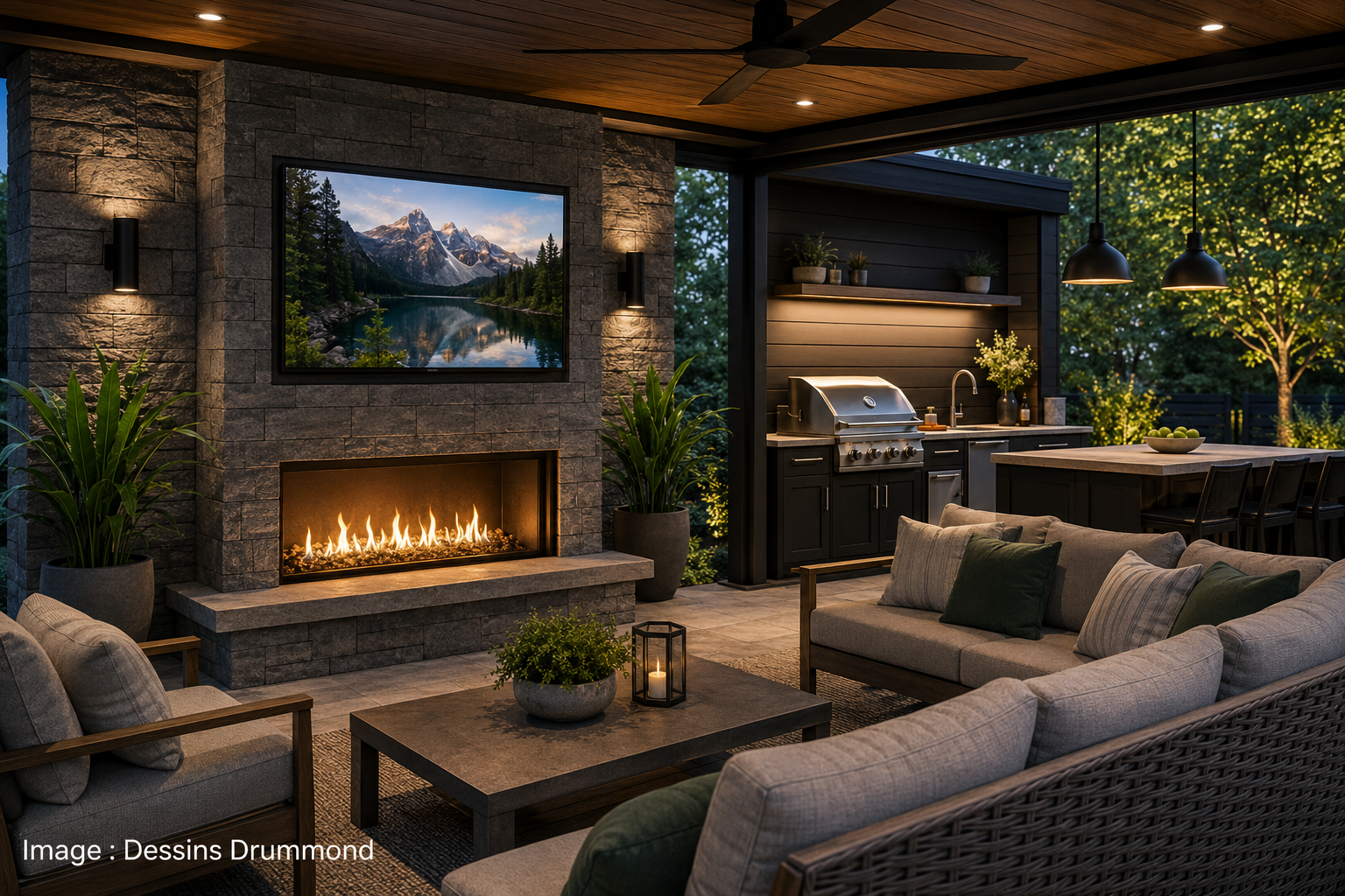 Covered outdoor living space featuring an outdoor kitchen, fireplace, lounge area and dining space in a modern farmhouse house plan.