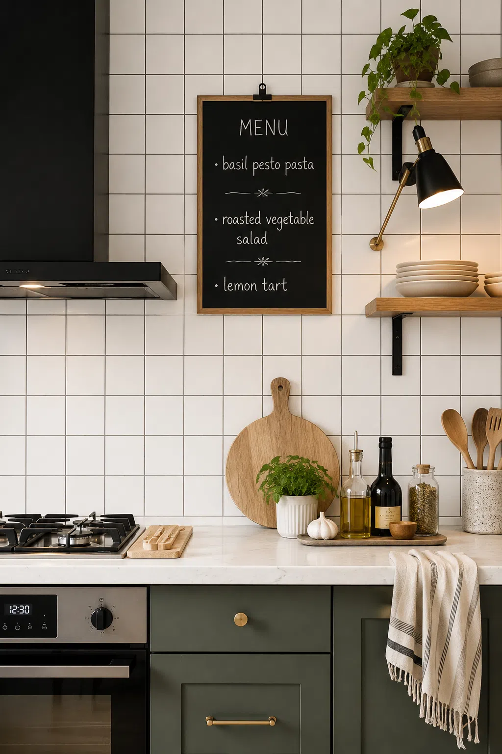 White square tile kitchen backsplash with dark grout