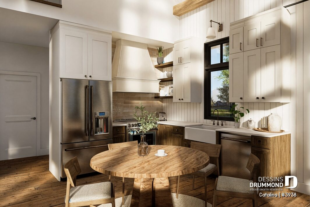 Stone-look kitchen backsplash with shiplap in Catalina house plan #3938