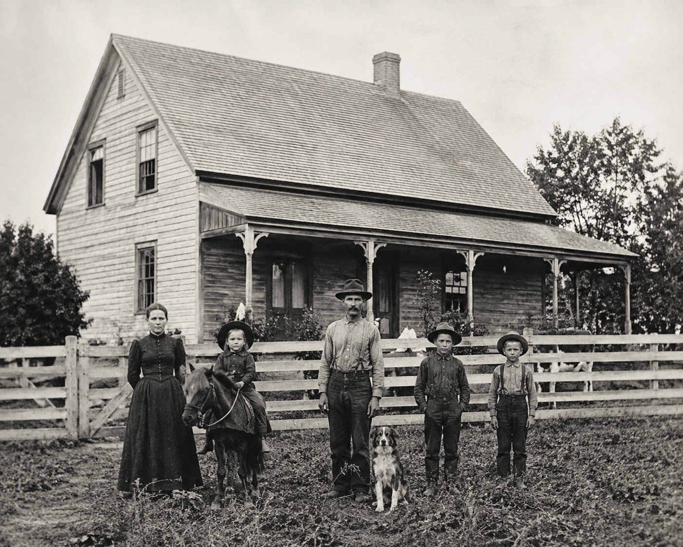 Historic traditional farmhouse illustrating the origins of farmhouse architecture in North America and the evolution toward today's modern farmhouse homes.