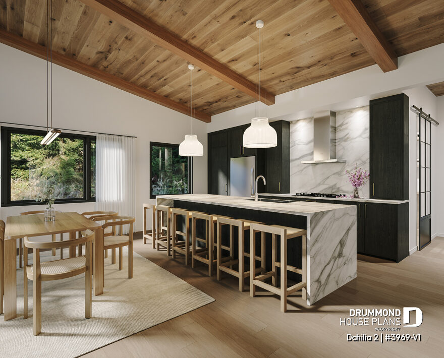 White marble-look kitchen backsplash in Dahlia 2 house plan #3969-V1
