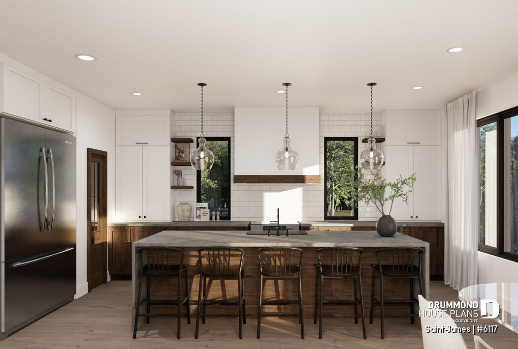 White subway tile kitchen backsplash in Saint-James house plan #6117