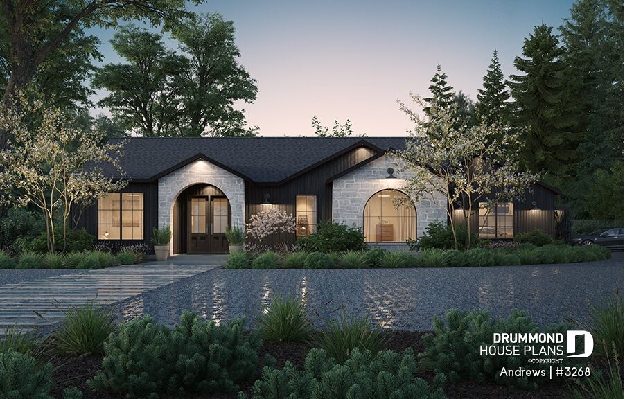 Dark European-style Andrews #3268 house plan with stone accents and arched windows