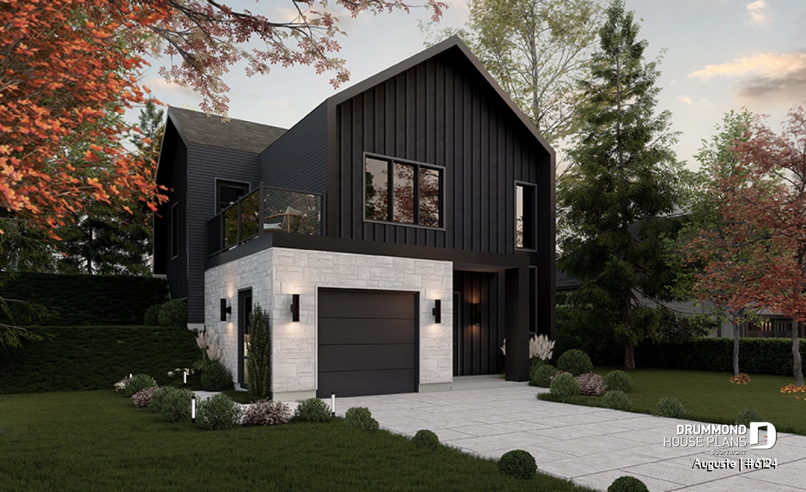 Auguste #6124 Scandinavian-style house with black exterior and contrasting light stone garage