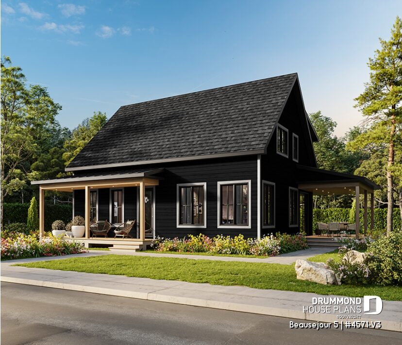 Beauséjour 5 #4571-V3 traditional house with black exterior and natural wood porch