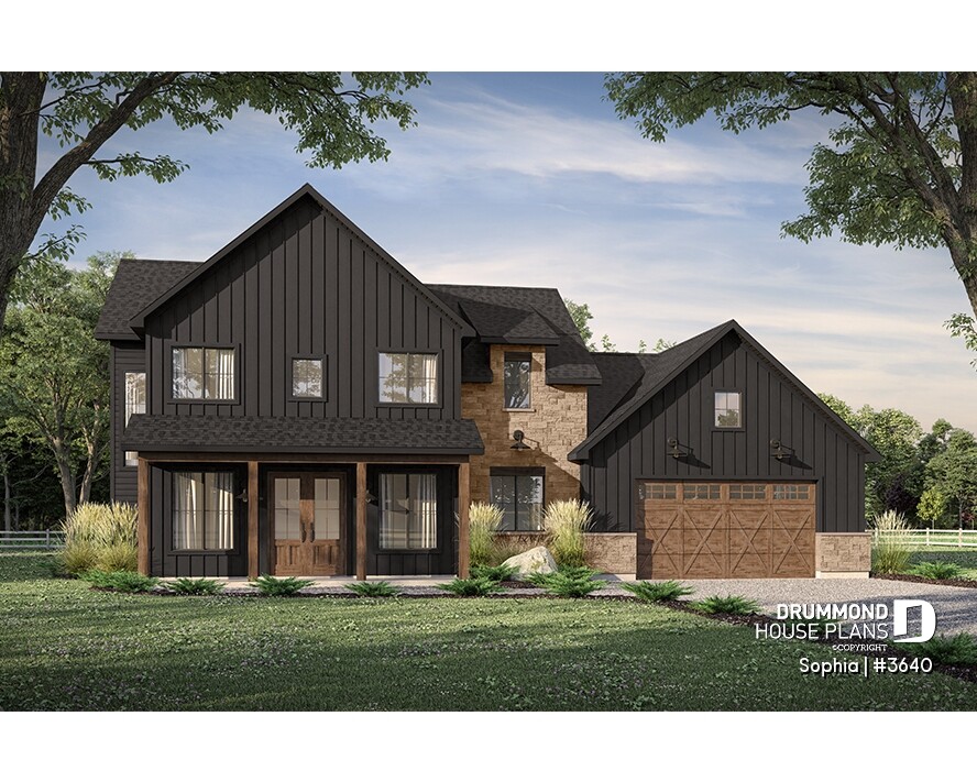 Black house with dark exterior, wood and stone accents – Sophia #3640