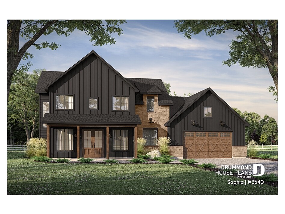 Black house with dark exterior, wood and stone accents – Sophia #3640