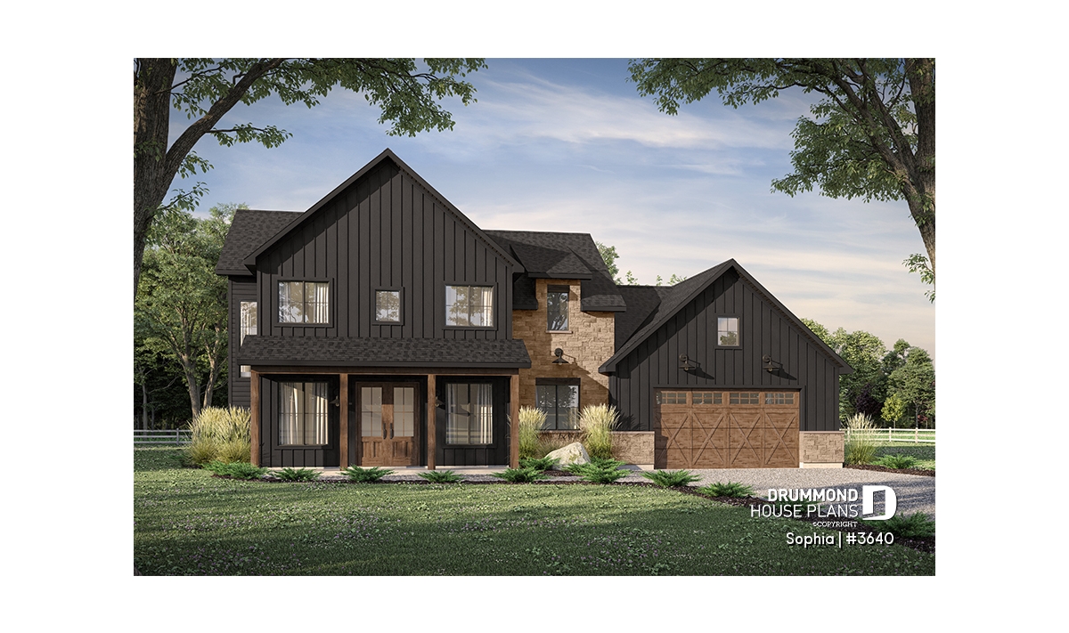 Black house with dark exterior, wood and stone accents – Sophia #3640