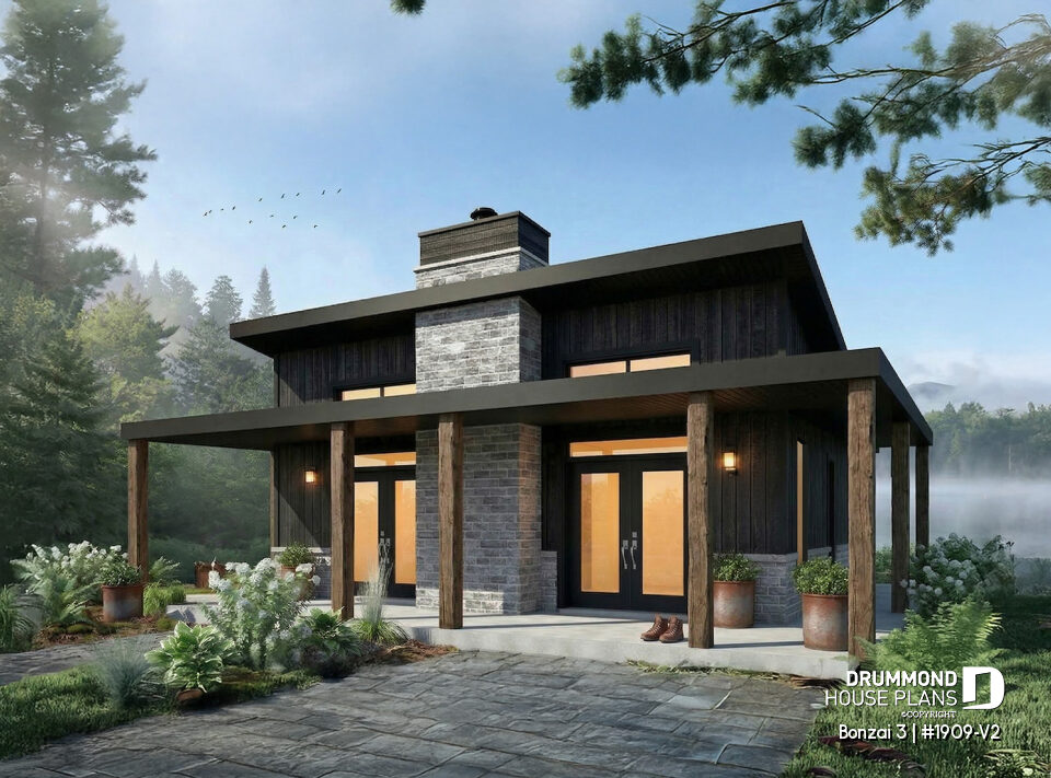 Bonzai 3 #1909-V2 dark house with natural wood columns, stone chimney and covered porch