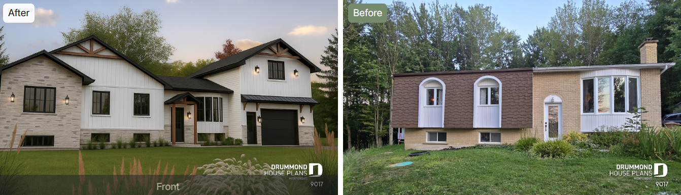 Before and after home renovation and addition with integrated garage – Drummond House Plans project 9017