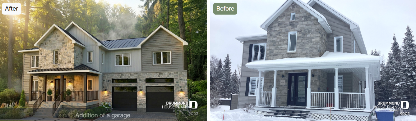 Before and after home renovation with double garage addition – Drummond House Plans project 9003