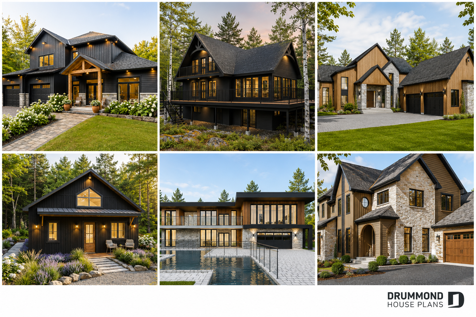 Six custom home designs with dark exteriors in a variety of architectural styles by Drummond House Plans
