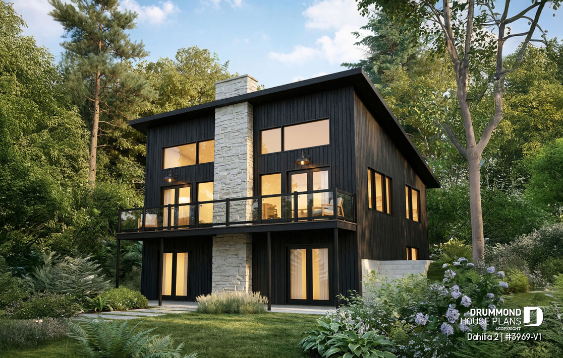 Dahilia 2 #3969-V1 dark modern cottage with stone chimney and large windows