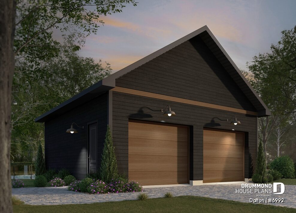 Dalton #6992 detached garage with black exterior and warm wood garage doors