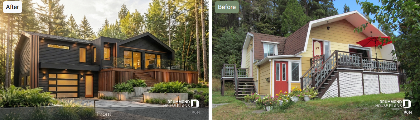 Before and after dark exterior home renovation by the Drummond House Plans Baie-Saint-Paul office