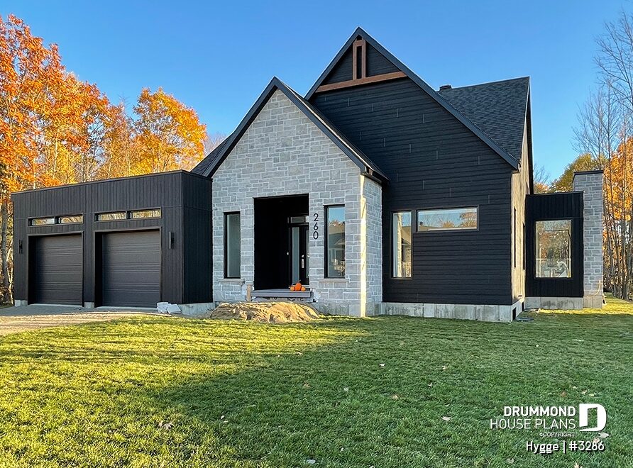 Dark Scandinavian-style Hygge #3286 home built by Drummond House Plans clients