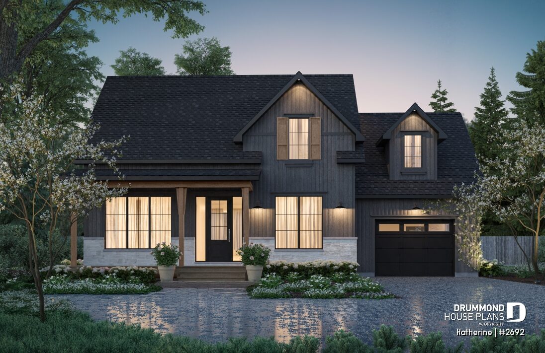 Katherine #2692 traditional house with charcoal exterior, black garage door and light stone accents