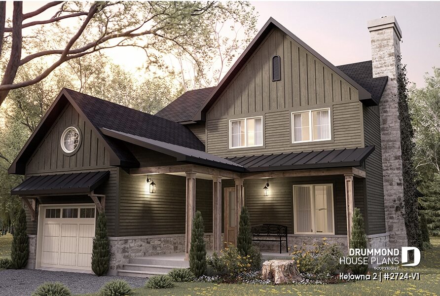 Kelowna 2 #2724-V1 house with deep forest green exterior, stone chimney and wood accents