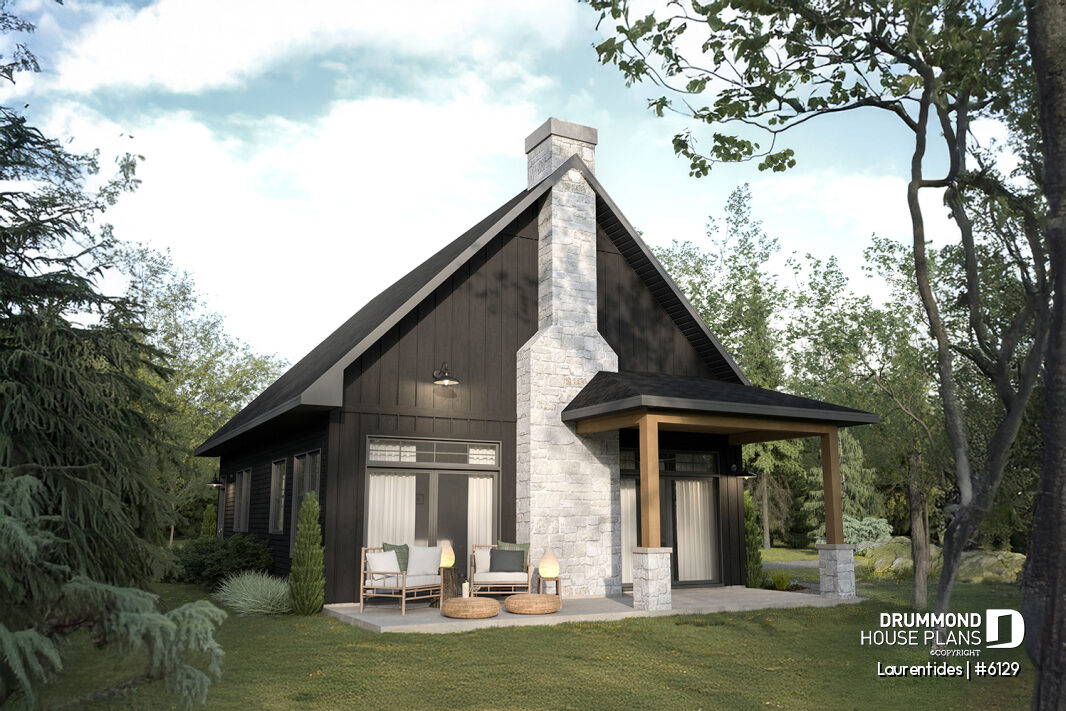 Laurentides #6129 dark cottage with stone, wood accents and large windows in a forest setting