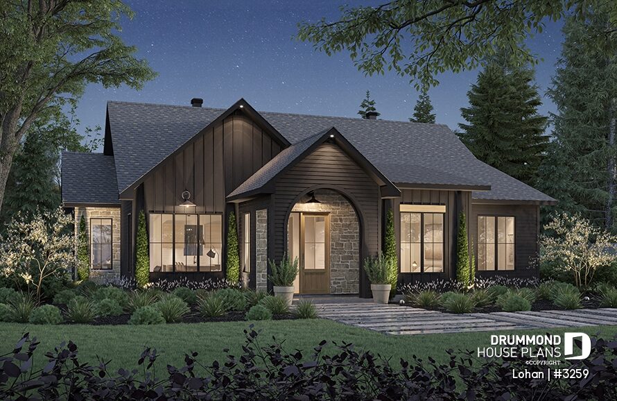 Lohan #3259 house plan with dark charcoal exterior, stone accents and large black windows
