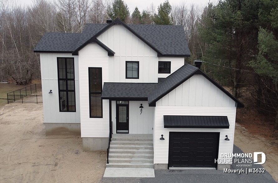 White Maveryk #3632 farmhouse with black windows and dark exterior accents
