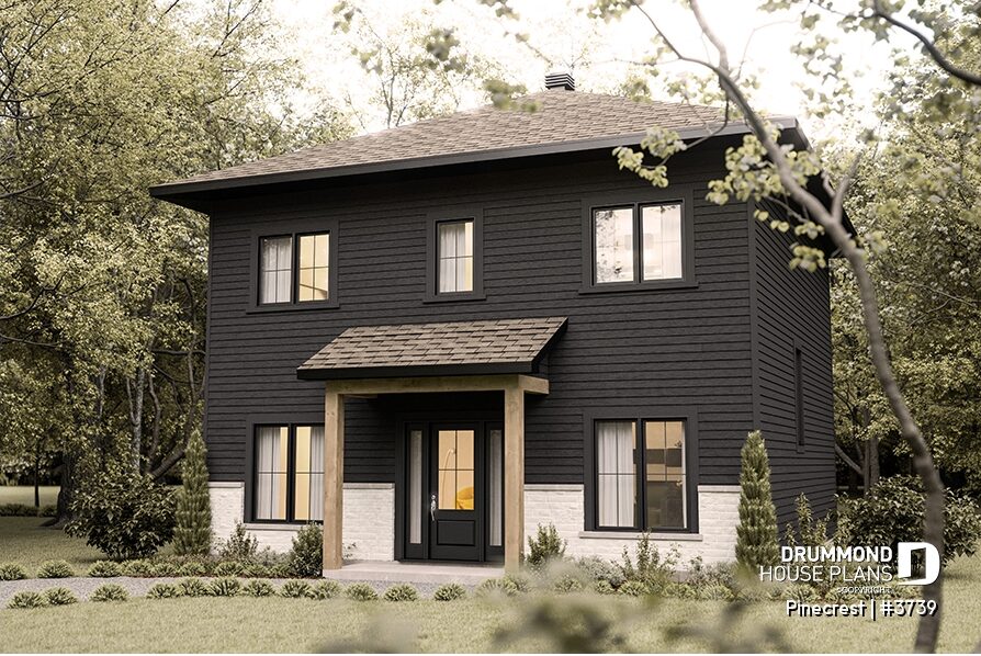 Pinecrest #3739 black two-story house with natural wood entrance and light masonry