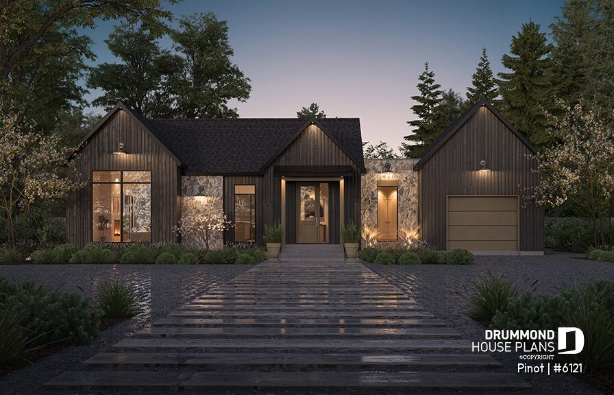 Pinot #6121 dark house exterior with natural stone, wood accents and black windows