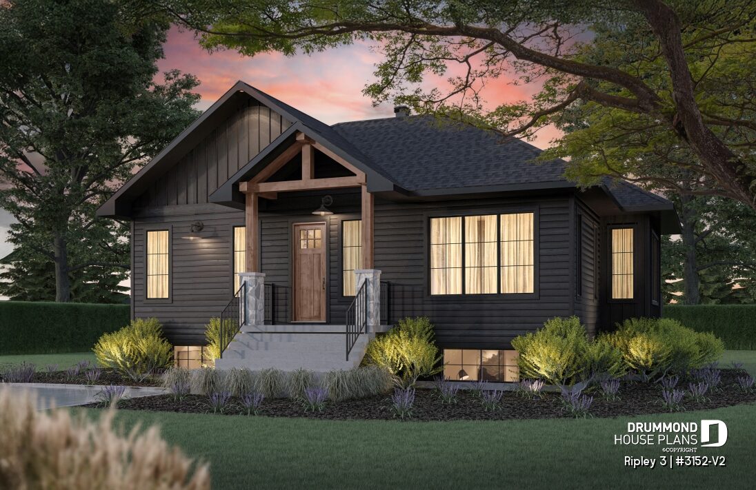Ripley 3 #3152-V2 black house with natural wood porch, black windows and stone accents