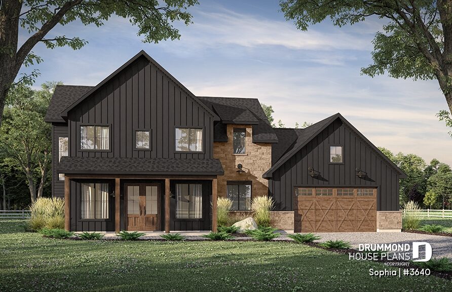 Sophia #3640 farmhouse with dark siding, stone accents and wood garage door