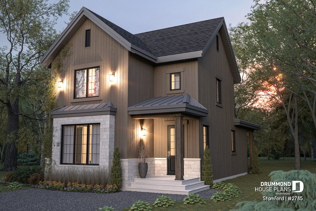 Stamford #2785 two-story house with deep charcoal exterior and light stone accents