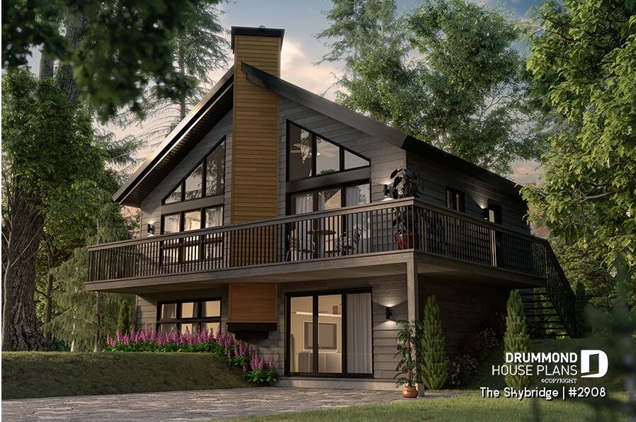 The Skybridge #2908 dark cottage with large windows, natural wood accents and wraparound deck