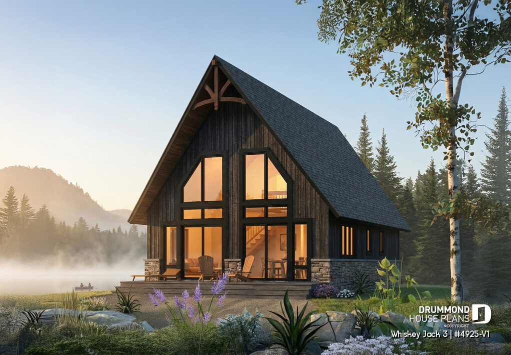 Whiskey Jack 3 #4925-V1 dark A-frame cottage with dramatic windows by a lake