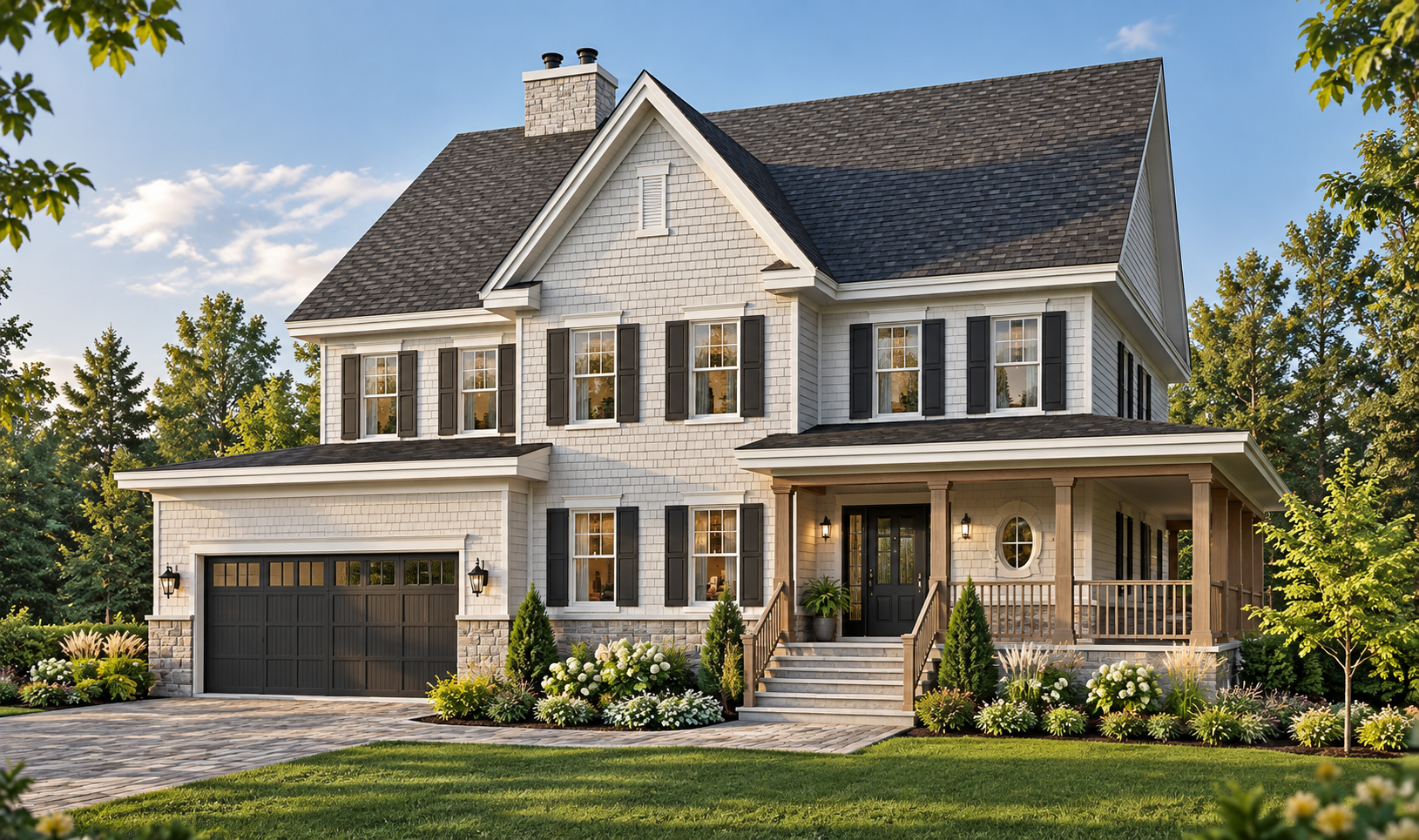 Traditional two-story country house La Fayette #3848 with white siding, black shutters, gabled roof, wraparound porch, and attached two-car garage.