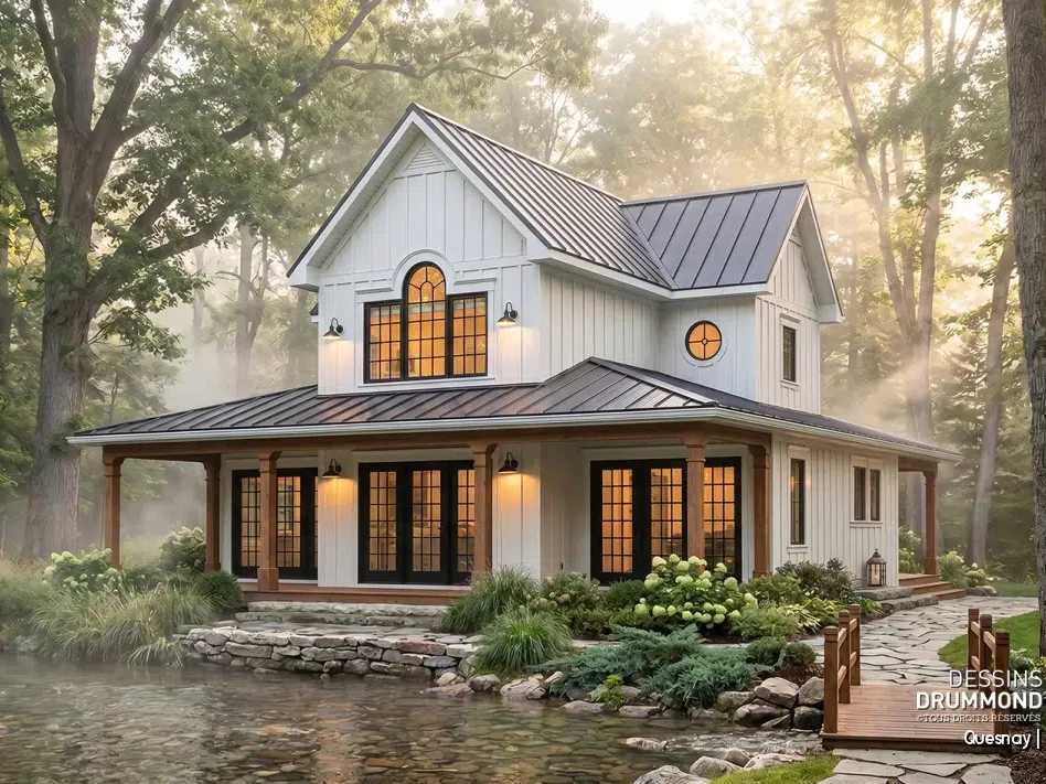 Maison farmhouse blanche avec grande galerie couverte – plan Quesnay #3511