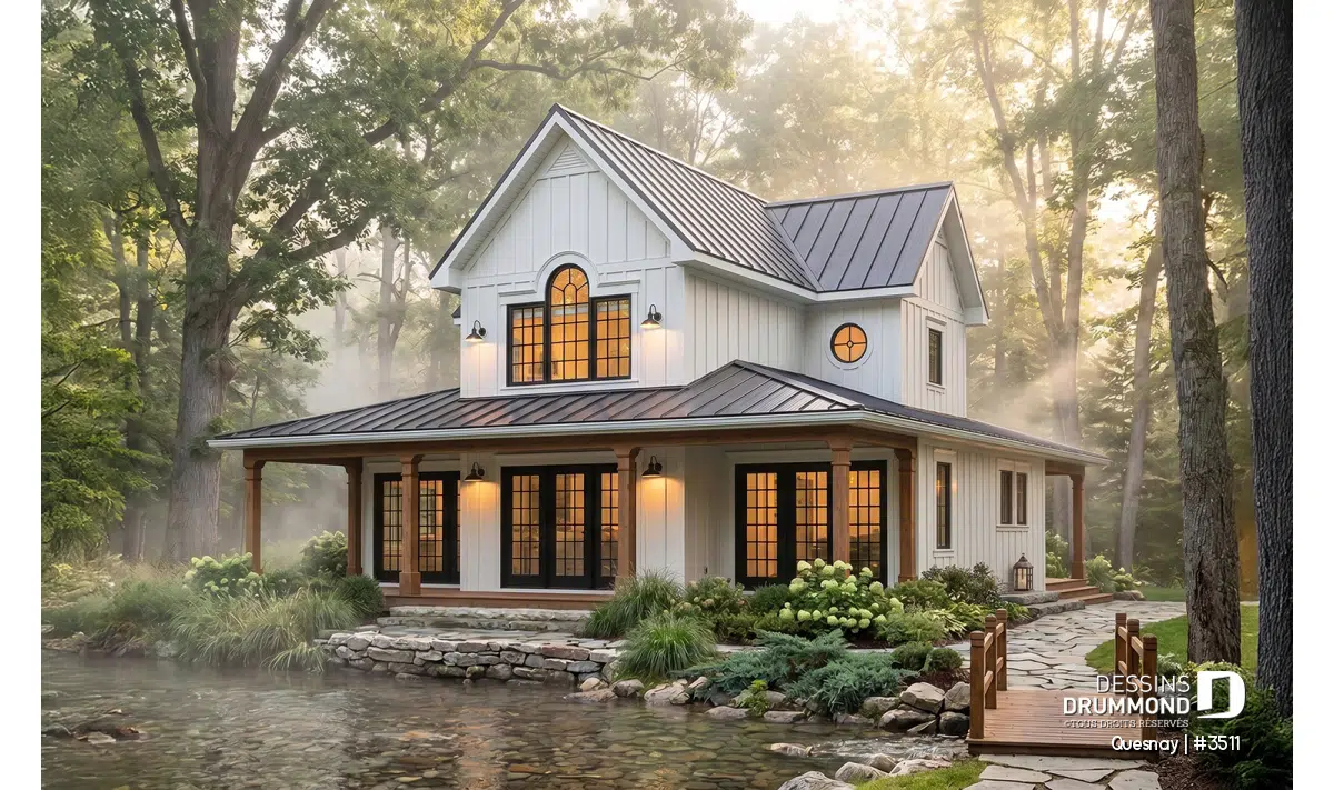 Maison farmhouse blanche avec grande galerie couverte – plan Quesnay #3511