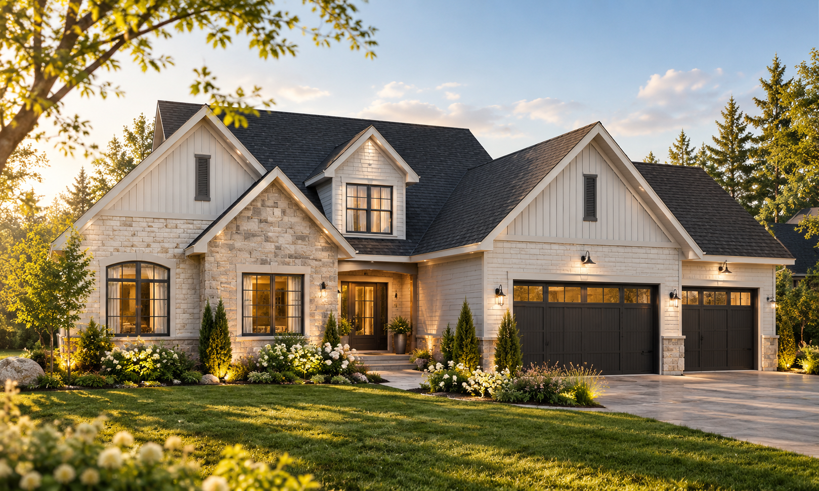 Luxury ranch-style house plan Lancaster #2661 with traditional gabled rooflines, light exterior finishes, and an attached three-car garage.