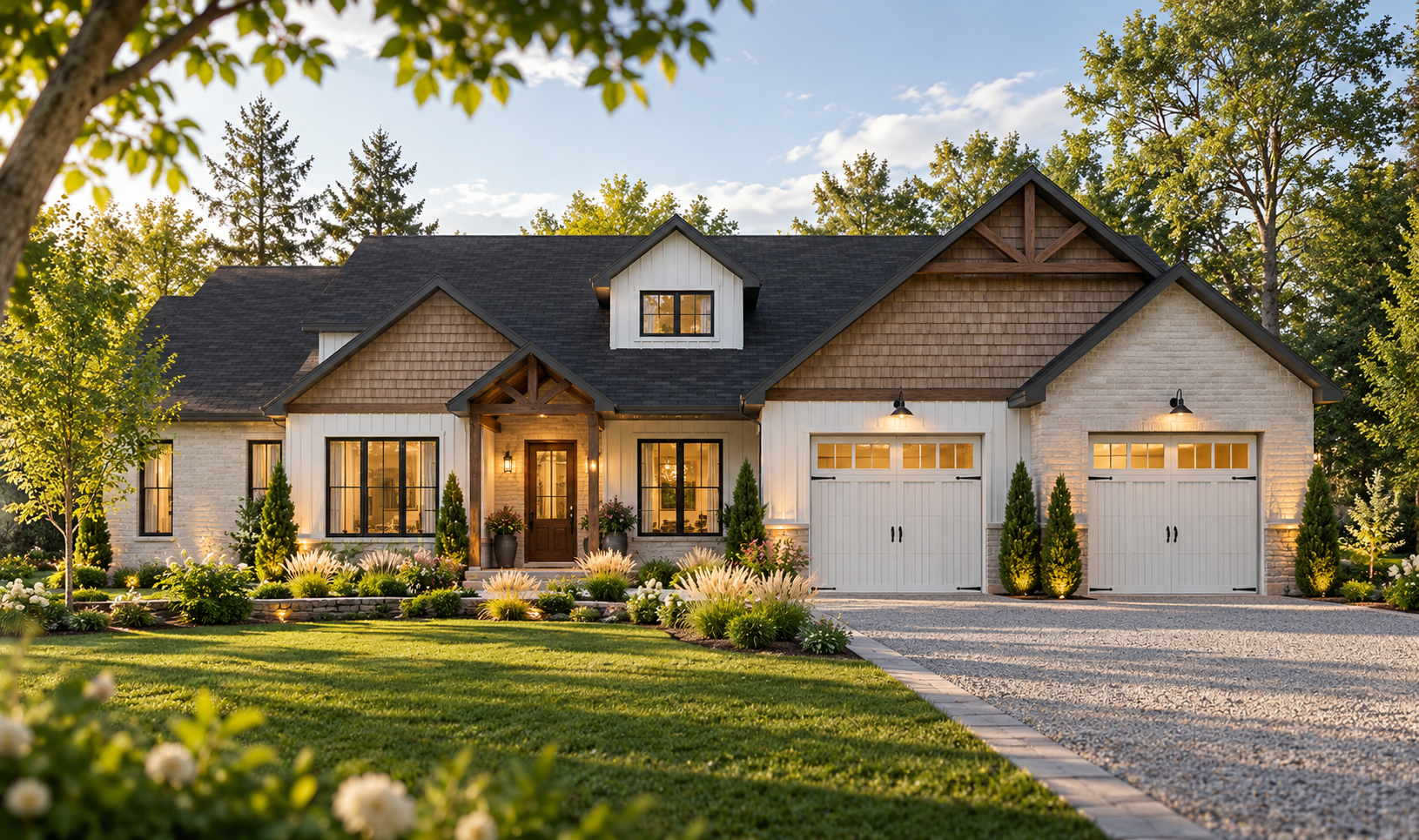 Front view of Robin #3621, a Modern Craftsman ranch house plan with multiple gables, stone accents, timber details, and a two-car garage.