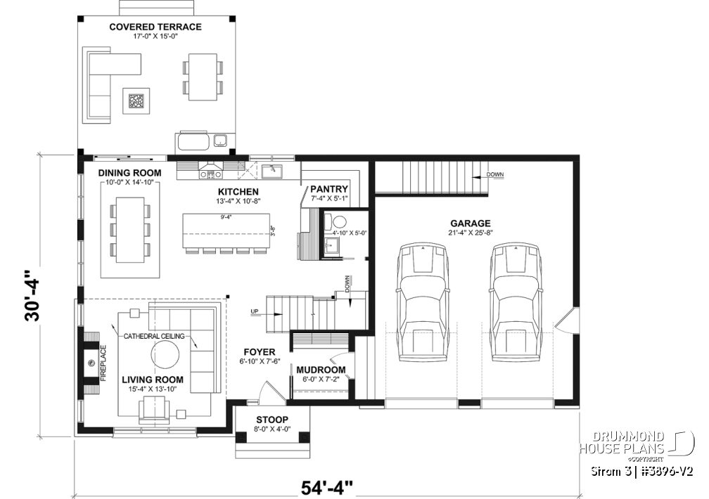 Main floor plan of Strom 3 #3896-V2 modern farmhouse with double garage