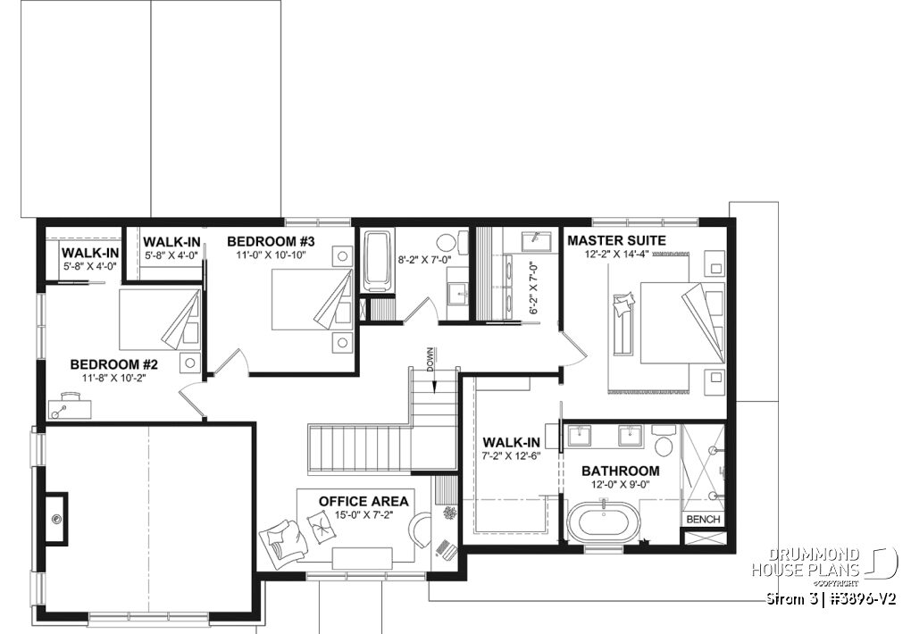 Second-floor plan of Strom 3 #3896-V2 modern farmhouse with 3 bedrooms and office nook