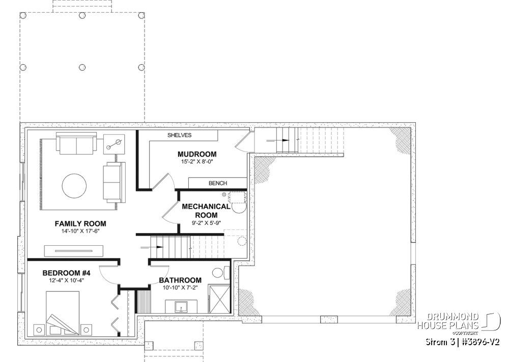 Optional finished basement plan for Strom 3 with 4th bedroom, family room and full bathroom