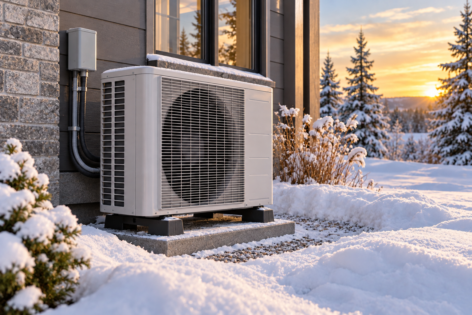 Outdoor heat pump kept clear of snow in winter